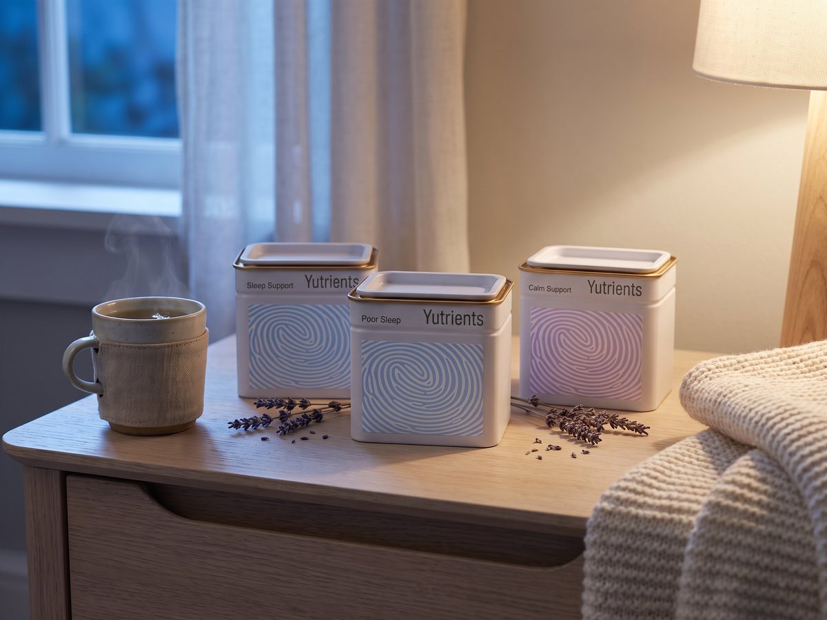 Rest-ezy, Meno Sleep and Daily Calm tins on a bedside table at dusk with lavender and a mug of herbal tea