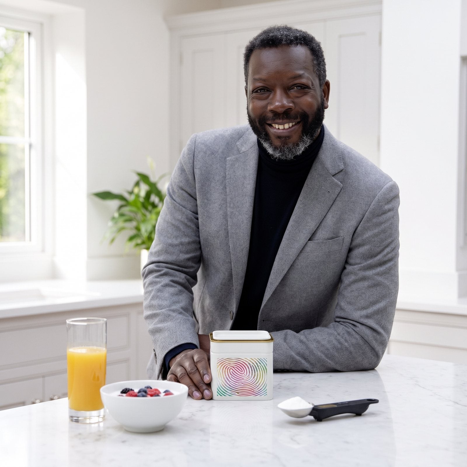 Dr Charlie Easmon at a bright kitchen counter with a Yutrients tin, a glass of orange juice and the digital scoop