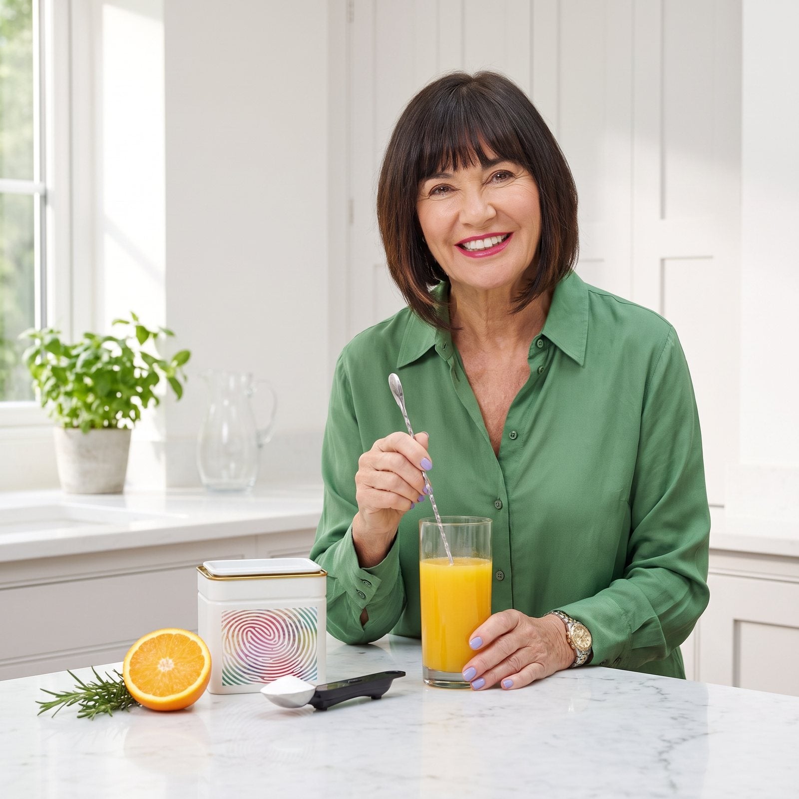 Suzie Sawyer stirring a glass of juice at a bright kitchen island with the B Essentials tin