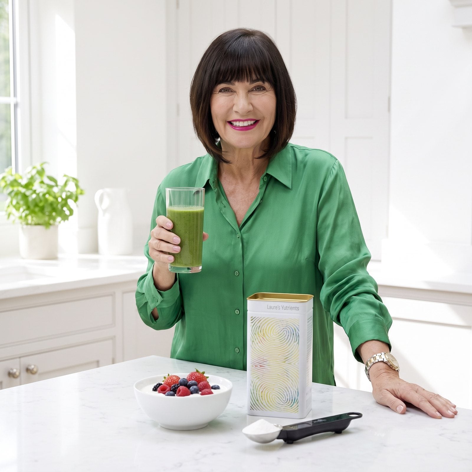Suzie Sawyer at a bright kitchen island with a green smoothie and the Daily Greens tin