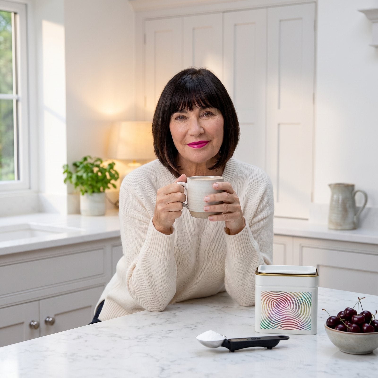 Suzie Sawyer at a bright kitchen counter in the evening with a warm drink, the Rest-ezy tin and the weighing scoop