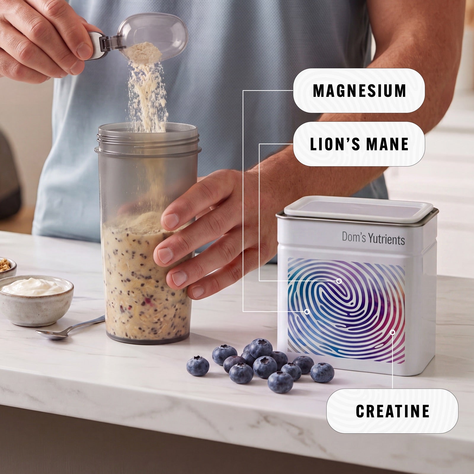Scooping a Yutrients blend into breakfast, with the ingredient list called out on the tin
