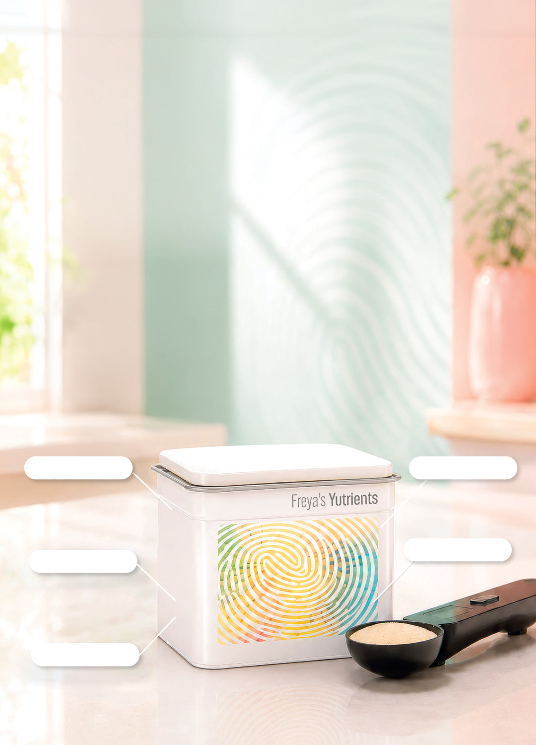 A personalised Yutrients tin and weighing spoon on a kitchen counter