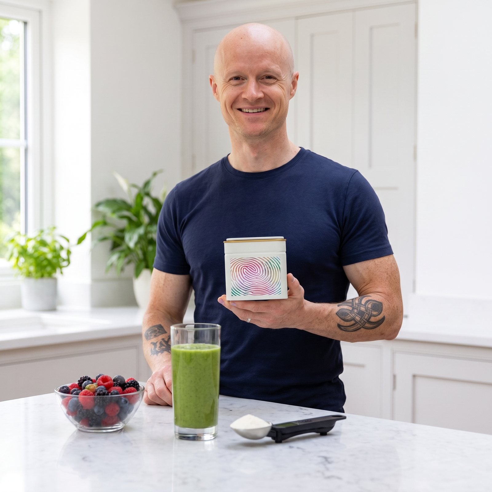 Benjamin Richardson holding a Yutrients tin in a bright kitchen, a green smoothie and the digital scoop on the counter