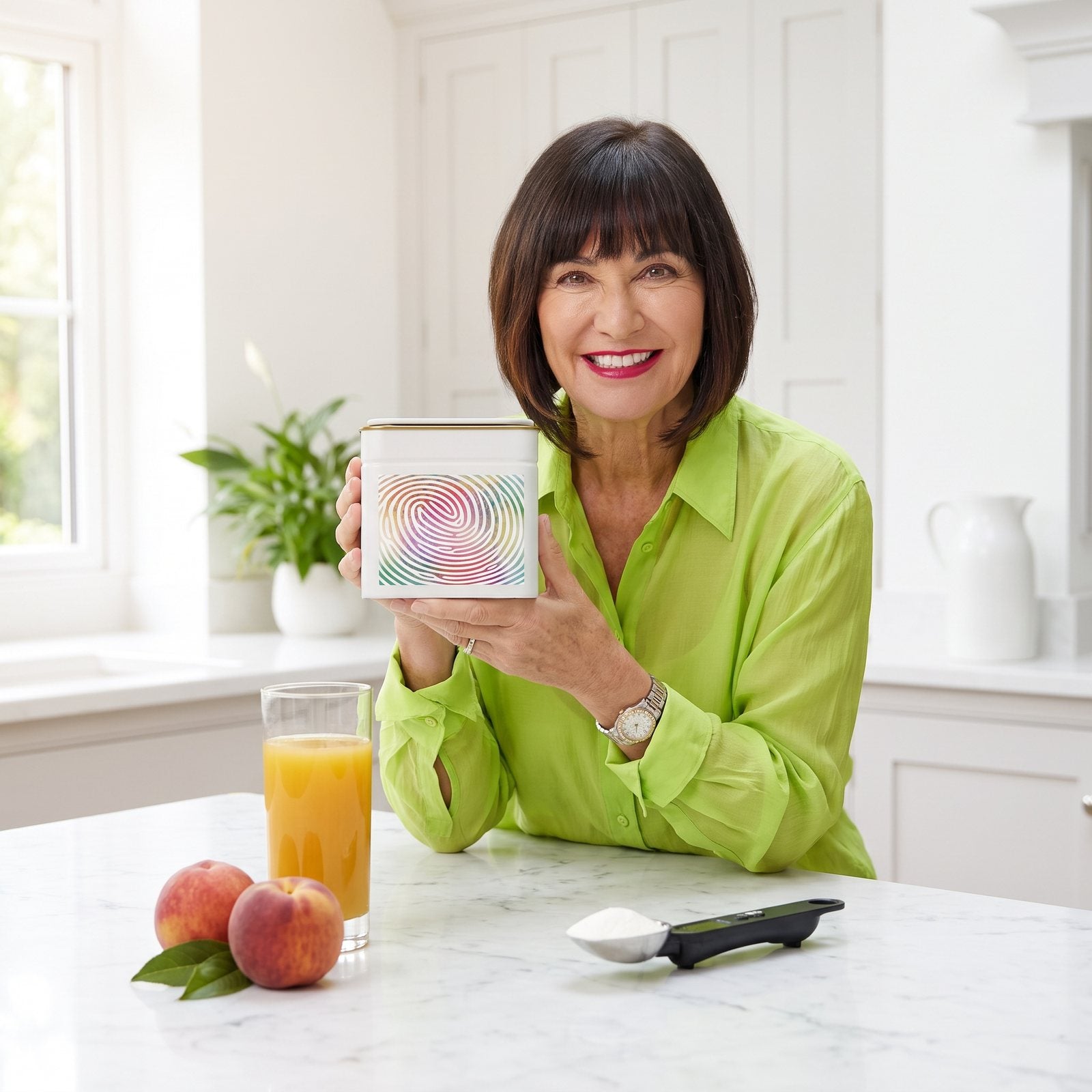 Suzie Sawyer smiling at a bright kitchen counter, holding the Glowing Beauty tin