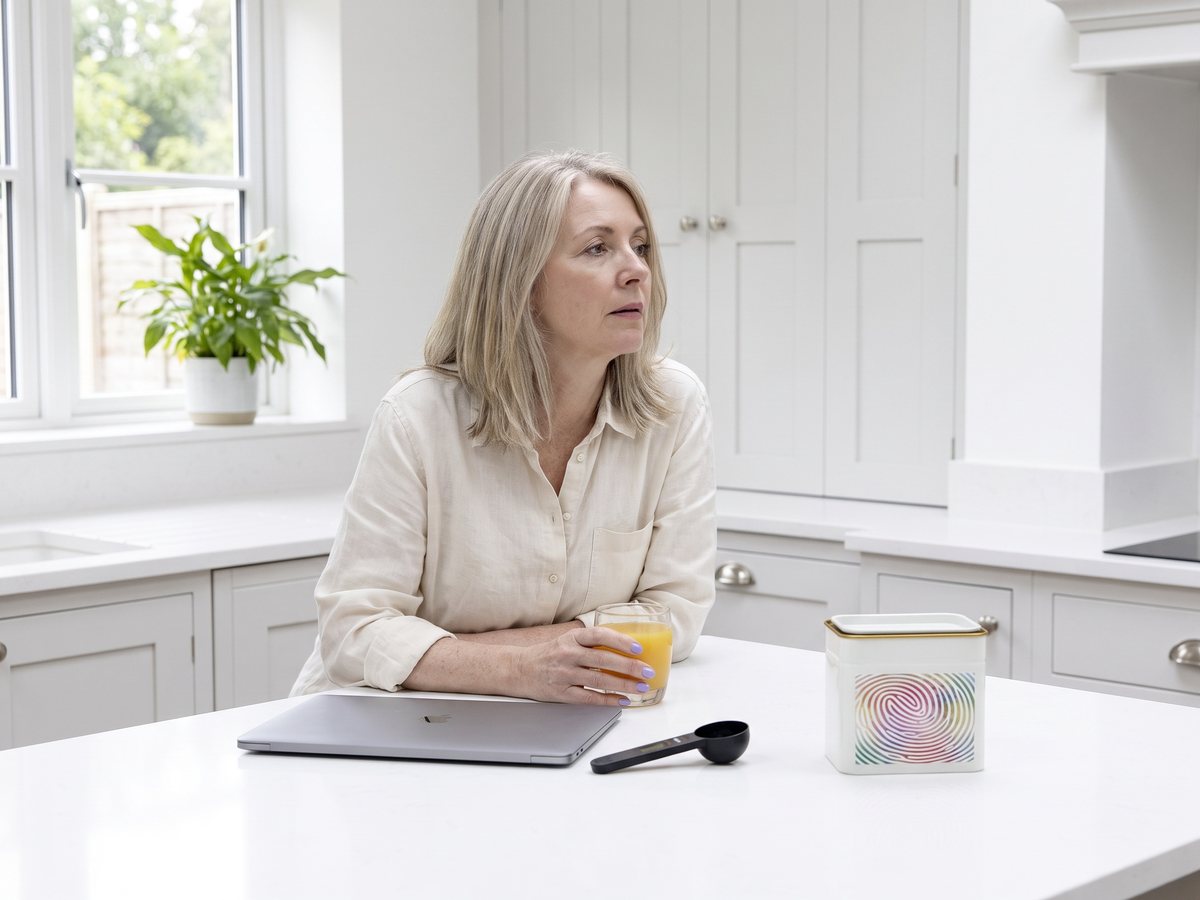 A woman around fifty in a hallway on a school-run morning, one shoe on and keys in hand, her tin on the console table by the door